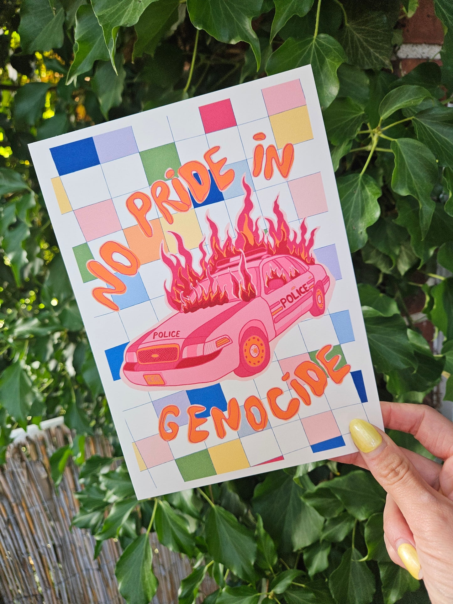postcard "no pride in genocide" lesbian flag colours