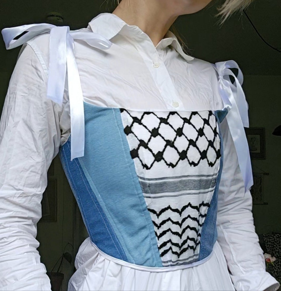 handmade corset - upcycled denim and keffiyeh