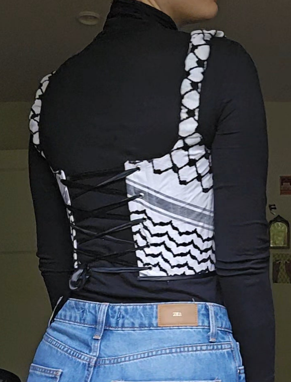 handmade corset - black & white keffiyeh