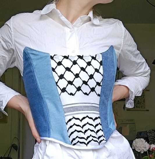 handmade corset - upcycled denim and keffiyeh