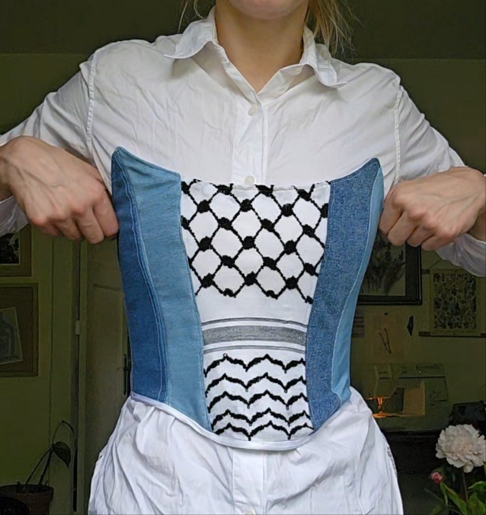 handmade corset - upcycled denim and keffiyeh