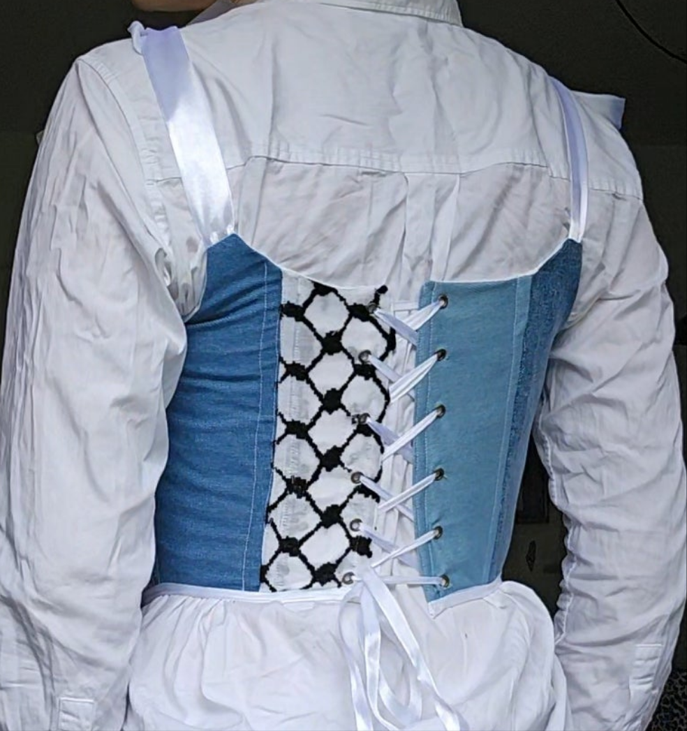 handmade corset - upcycled denim and keffiyeh