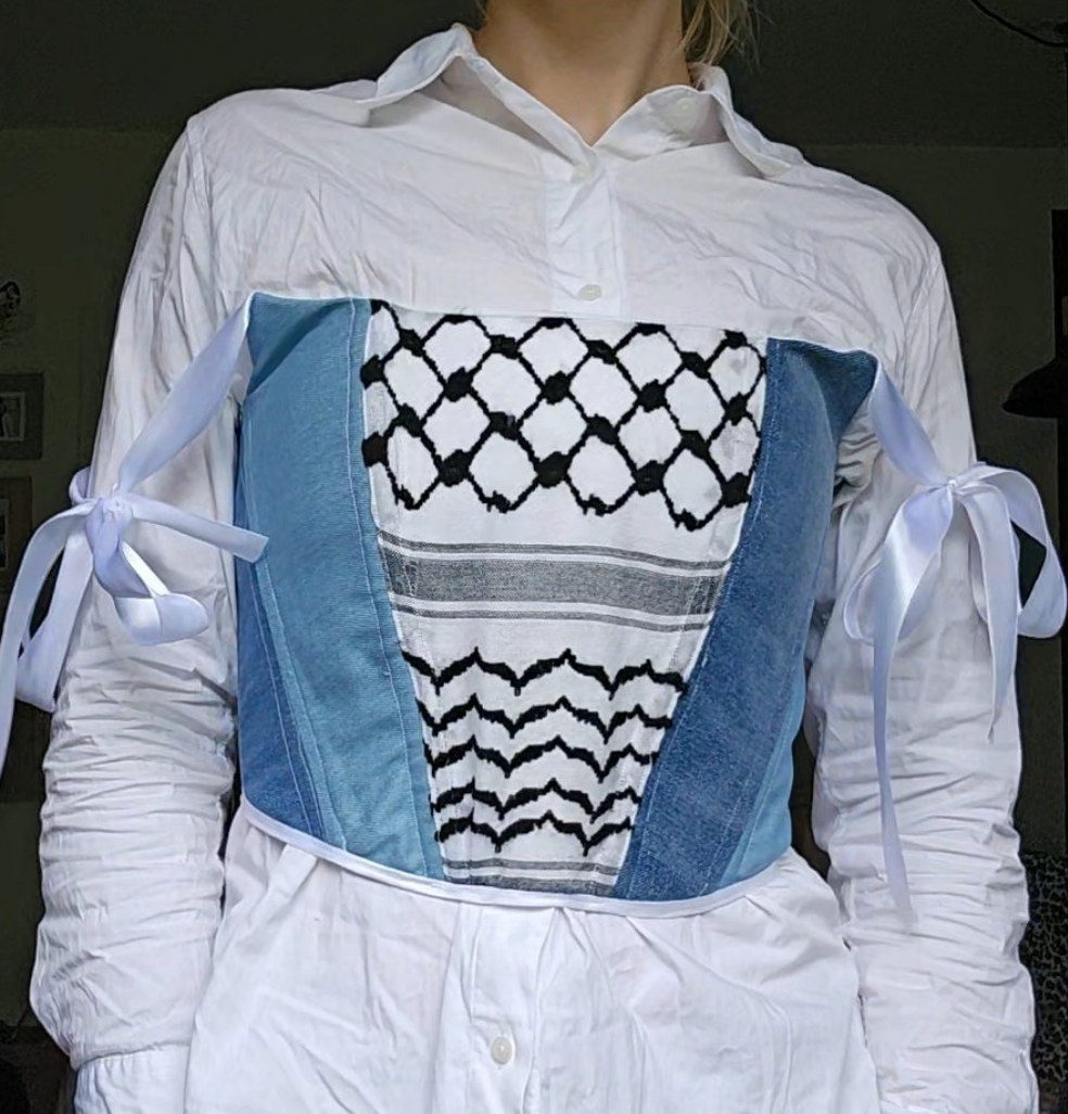 handmade corset - upcycled denim and keffiyeh