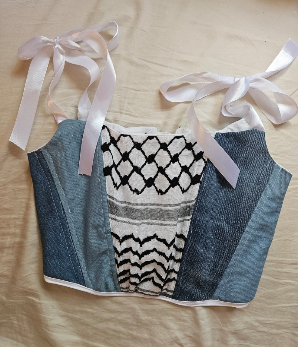 handmade corset - upcycled denim and keffiyeh