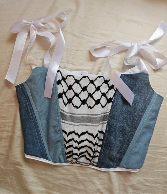 handmade corset - upcycled denim and keffiyeh