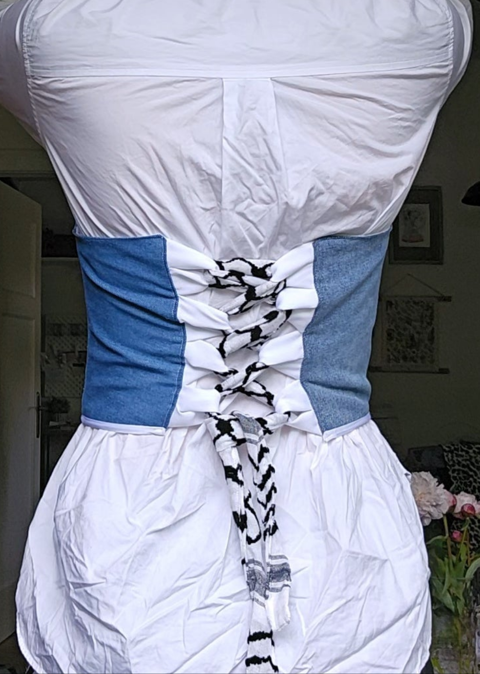 handmade corset - upcycled denim and keffiyeh