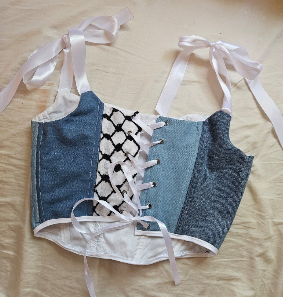 handmade corset - upcycled denim and keffiyeh