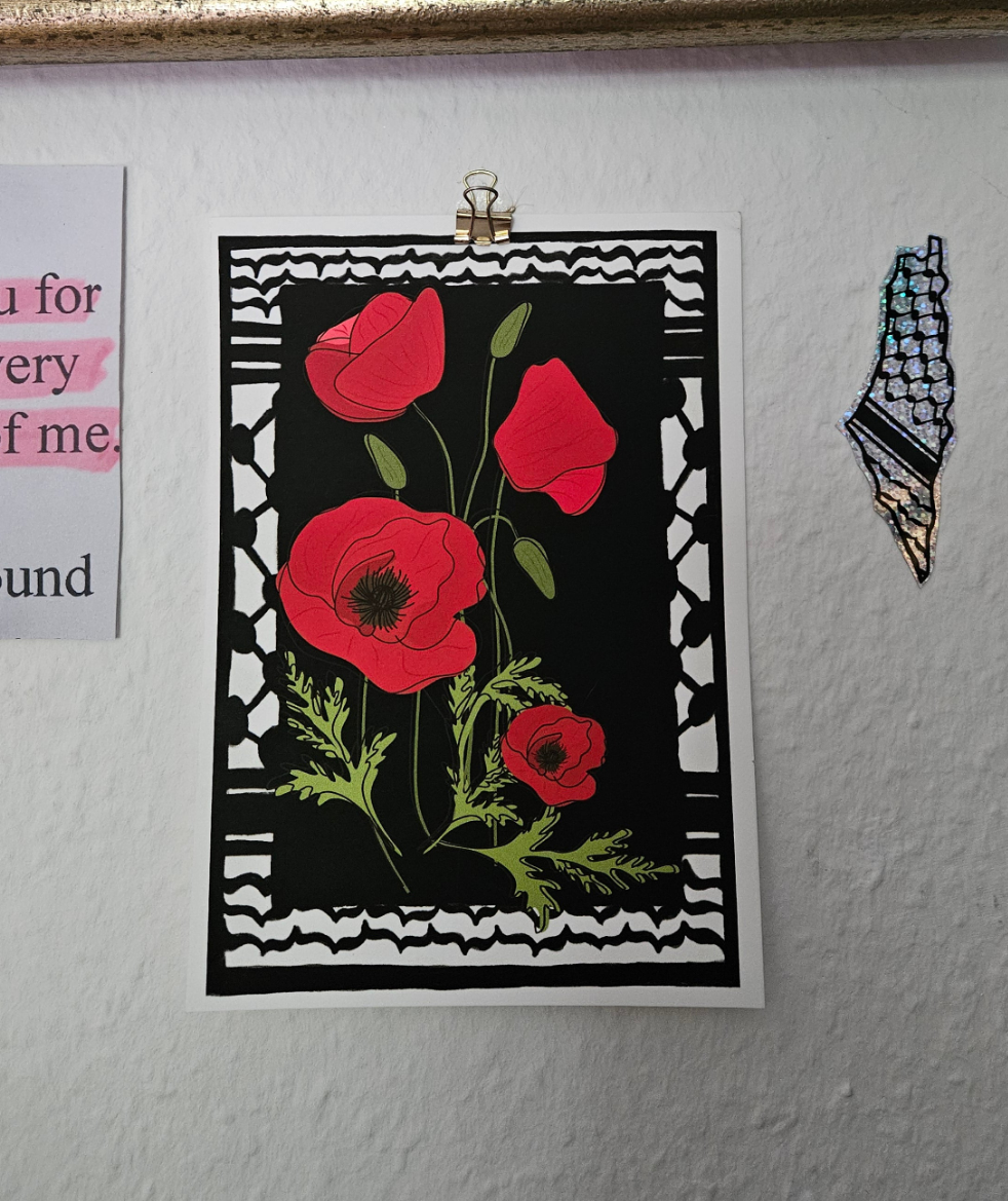 print "poppies on keffiyeh"