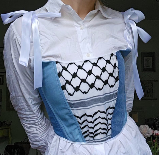 handmade corset - upcycled denim and keffiyeh