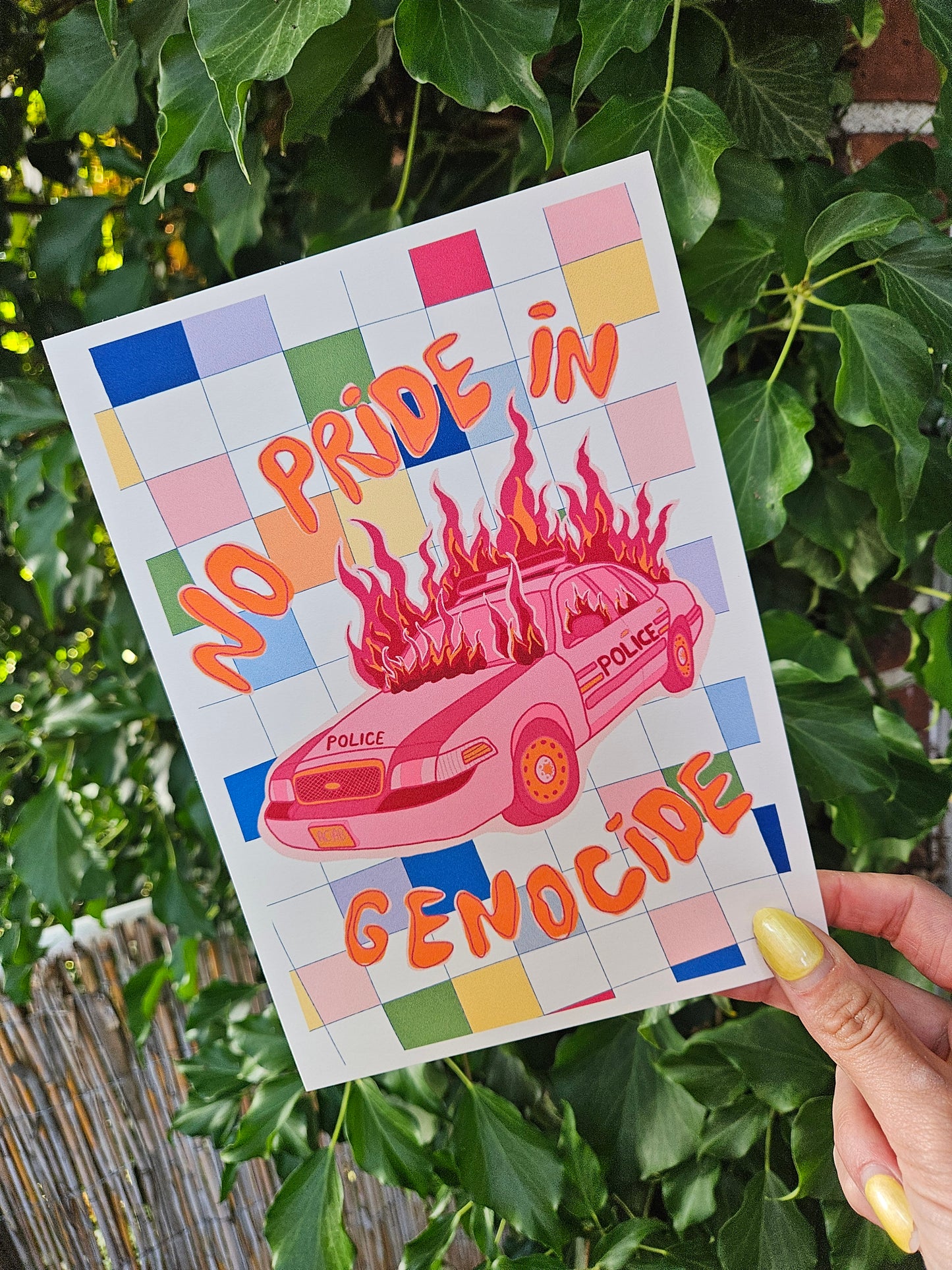 print "no pride in genocide" lesbian flag colours