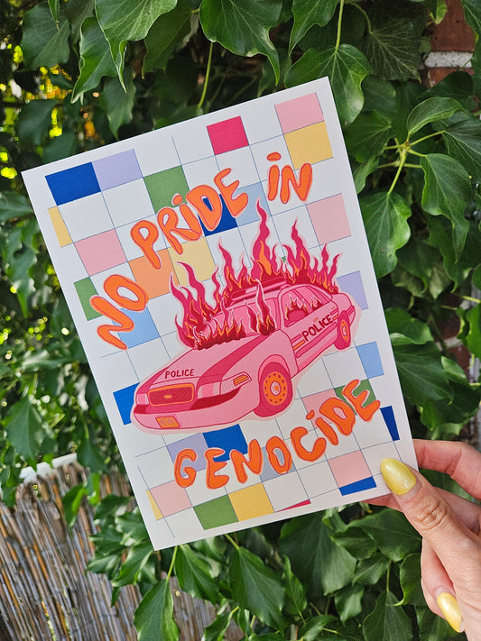 print "no pride in genocide" lesbian flag colours