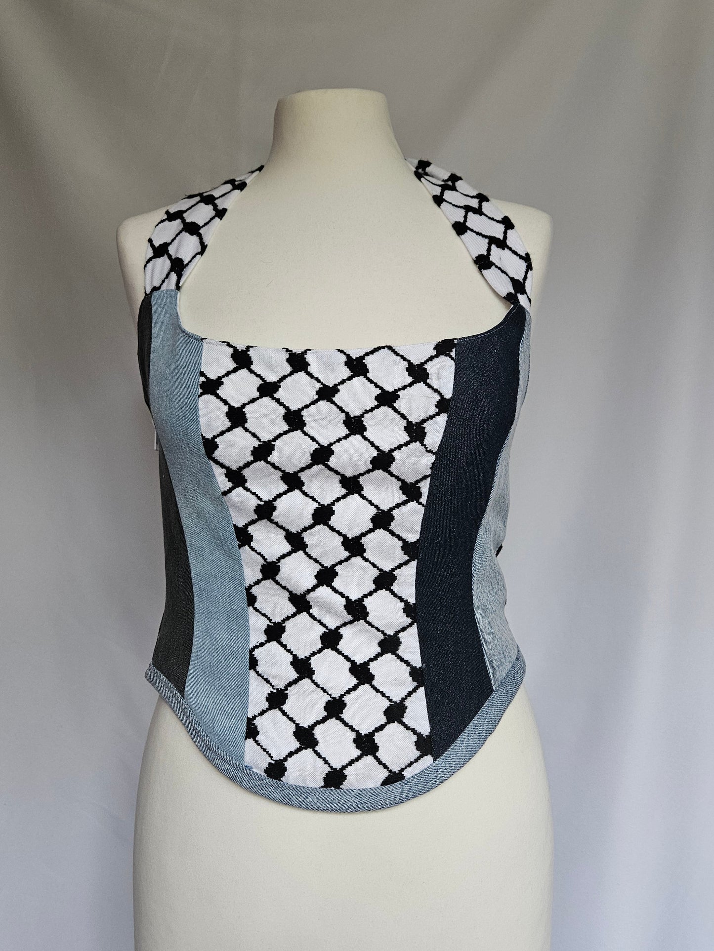 custom neckholder corset - denim keffiyeh with zipper