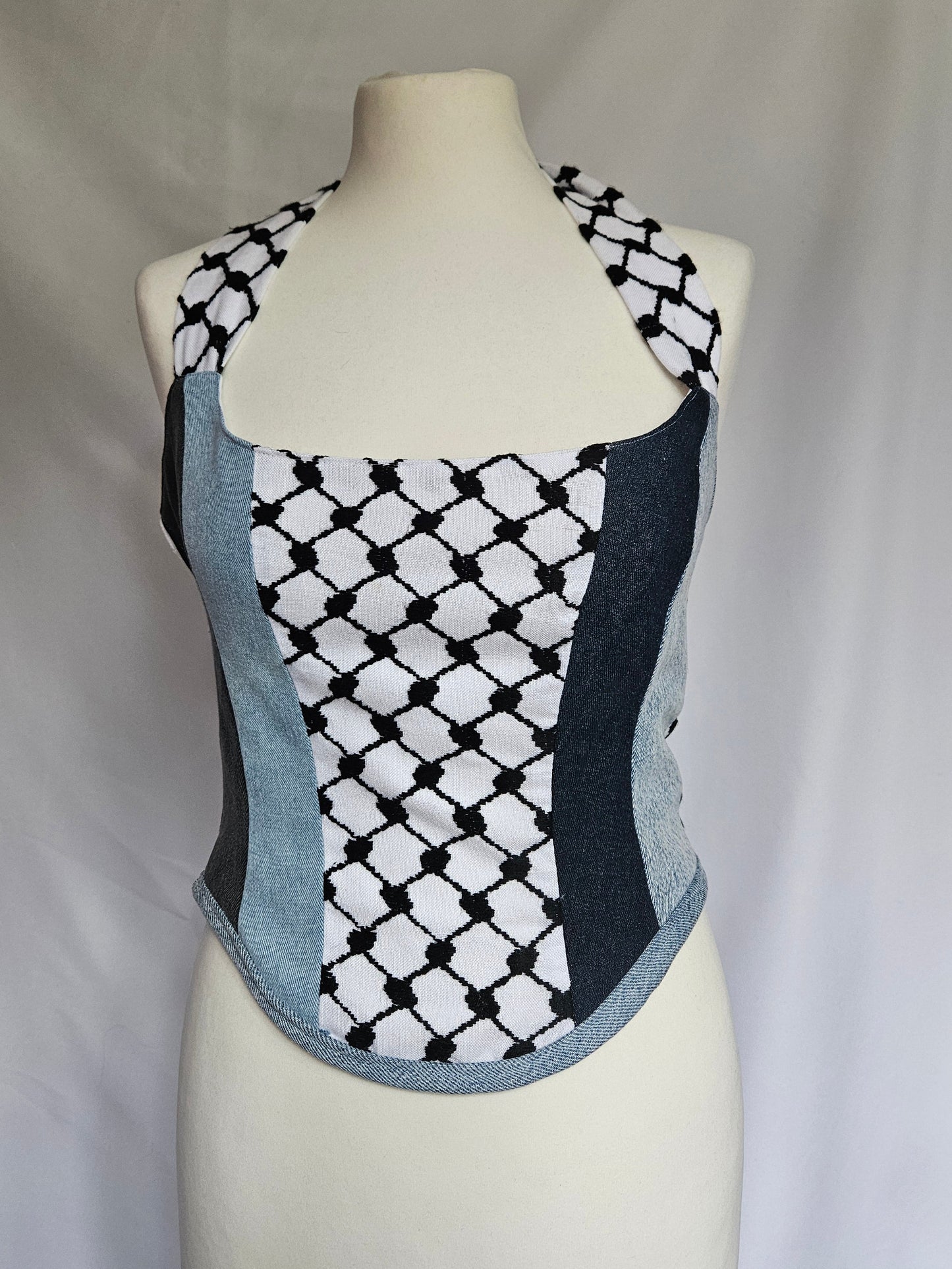 custom neckholder corset - denim keffiyeh with zipper