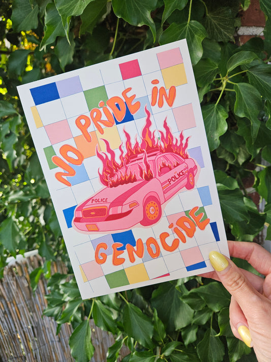 postcard "no pride in genocide" lesbian flag colours