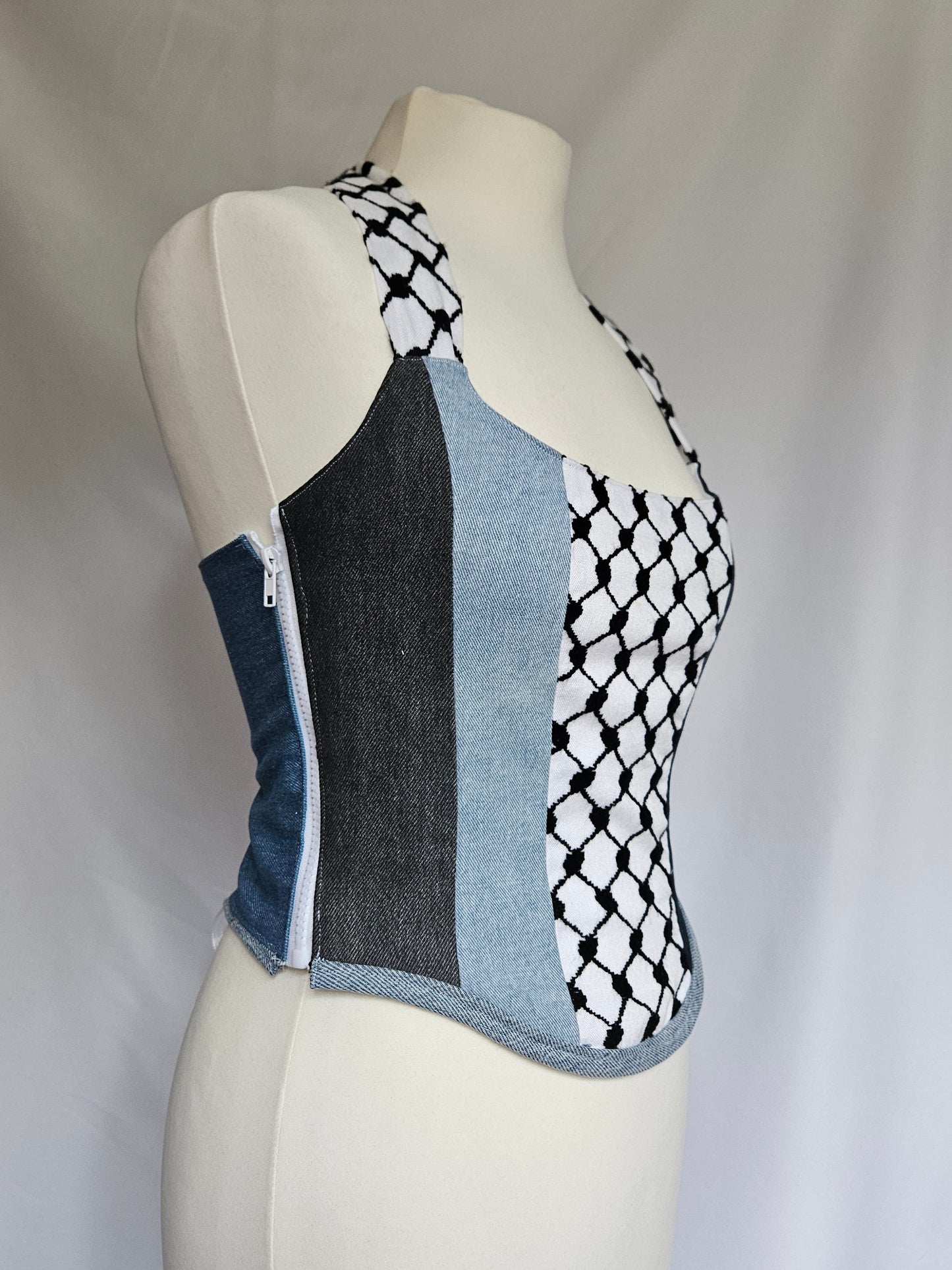 custom neckholder corset - denim keffiyeh with zipper
