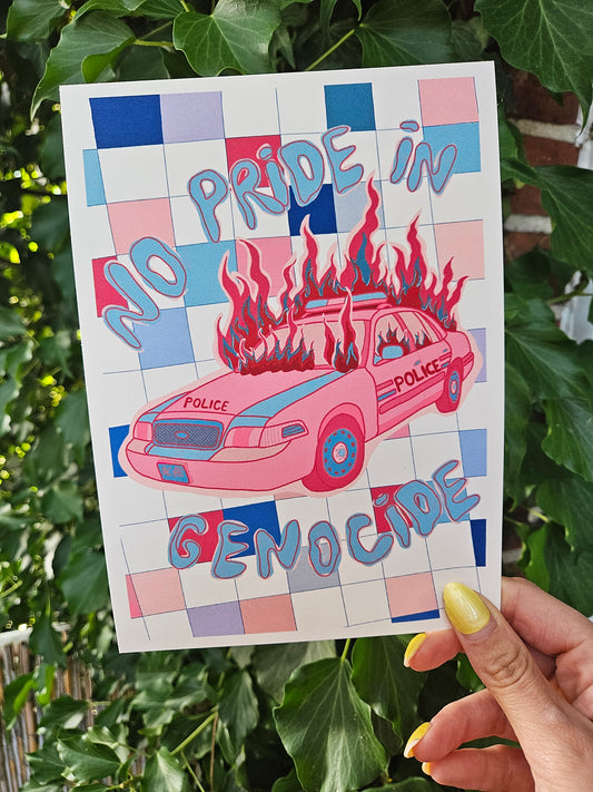 postcard "no pride in genocide" trans flag colours
