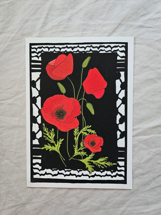postcard "poppies on keffiyeh"