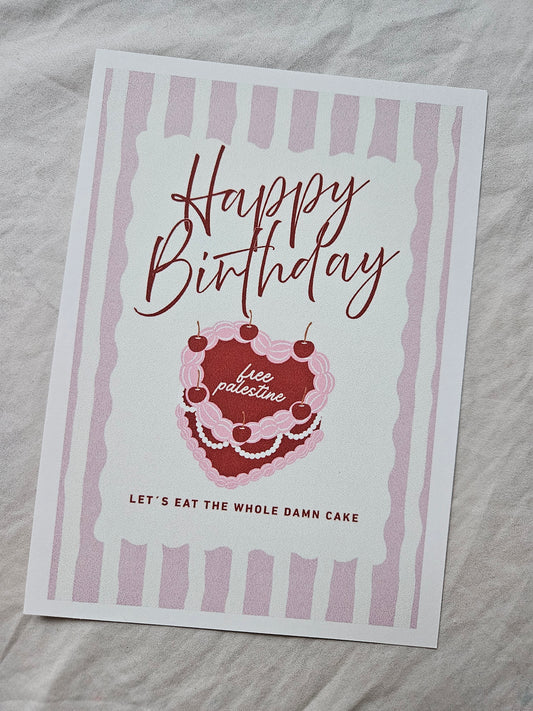 happy birthday postcard "free palestine cake"