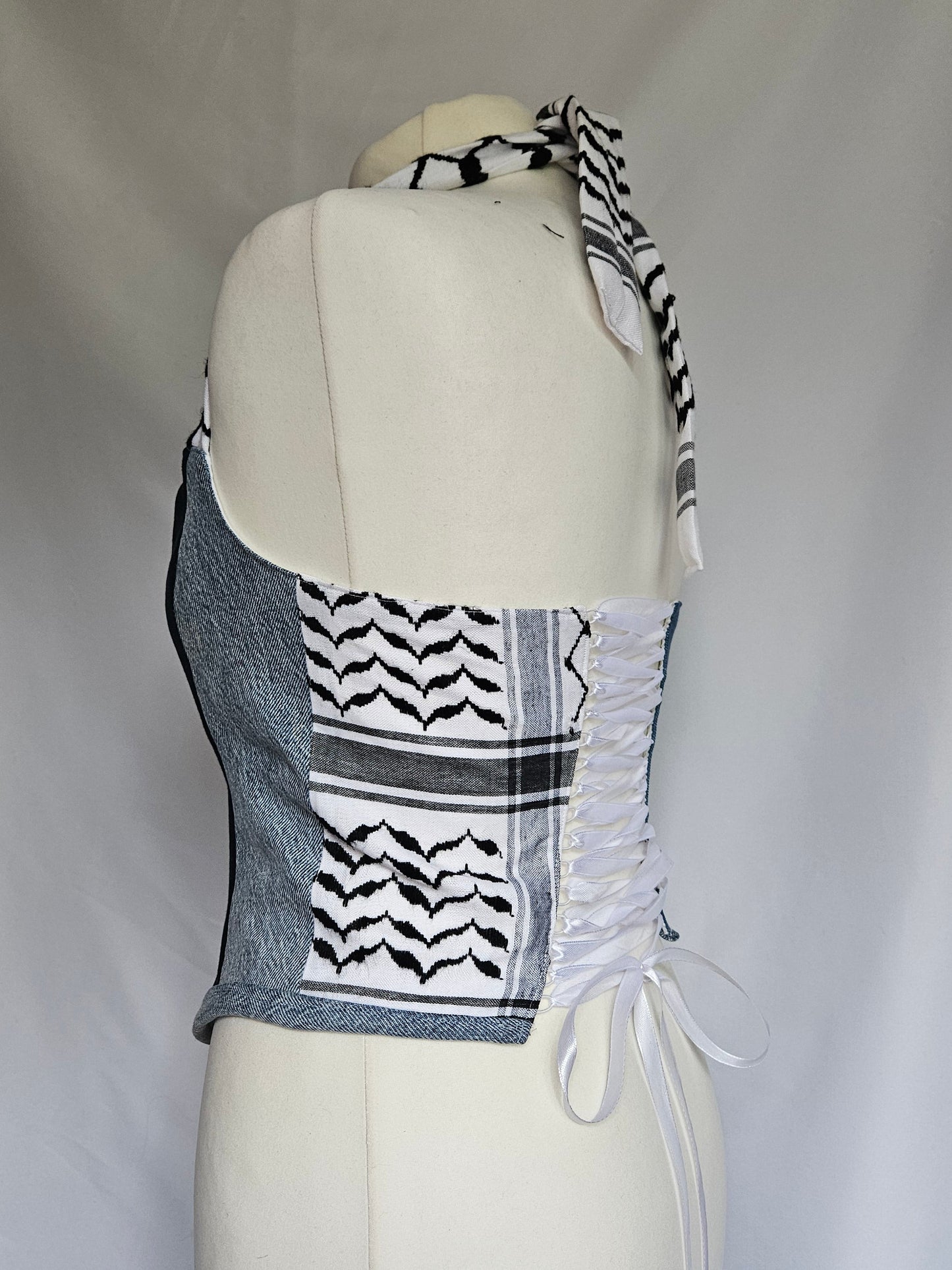 custom neckholder corset - denim keffiyeh with zipper