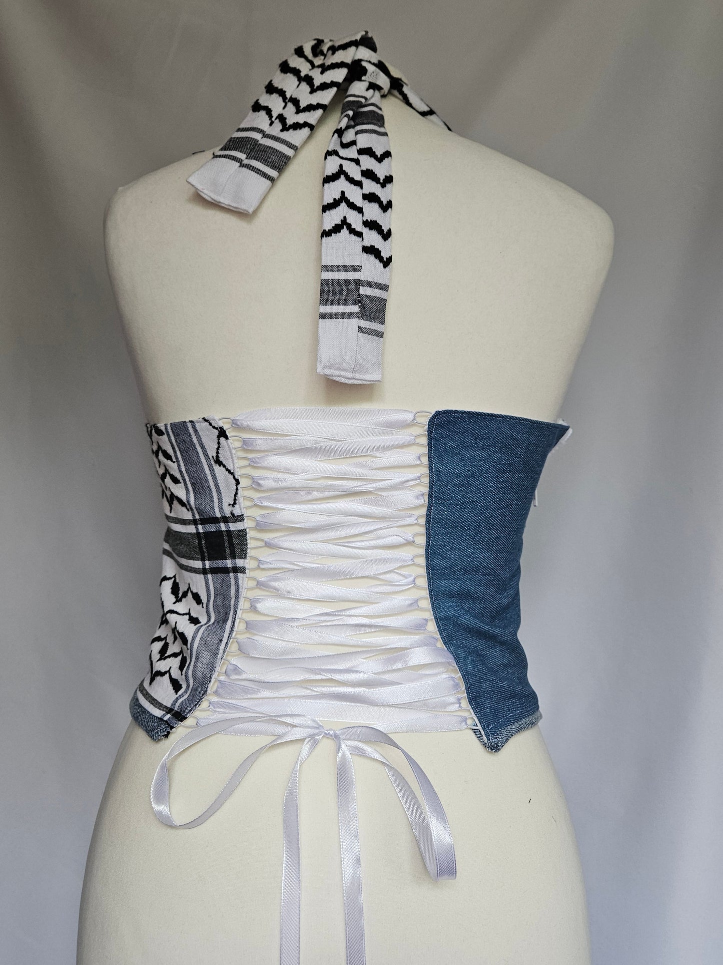 custom neckholder corset - denim keffiyeh with zipper